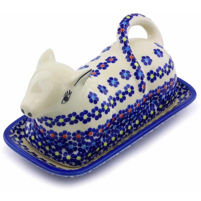 Polish Pottery Butter Dish 8&quot; Pansy Plenty