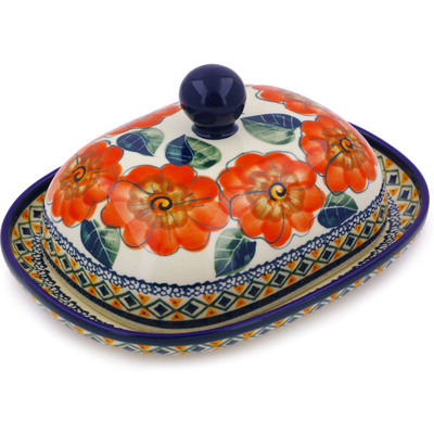 Polish Pottery Butter Dish 8&quot; Peach Poppies UNIKAT