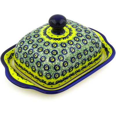 Polish Pottery Butter Dish 8&quot; Peacock Bumble Bee
