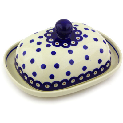 Polish Pottery Butter Dish 8&quot; Peacock Dots