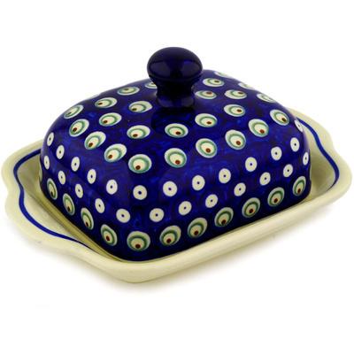 Polish Pottery Butter Dish 8&quot; Peacock Eyes
