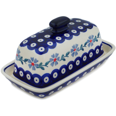 Polish Pottery Butter Dish 8&quot; Peacock Forget-me-not