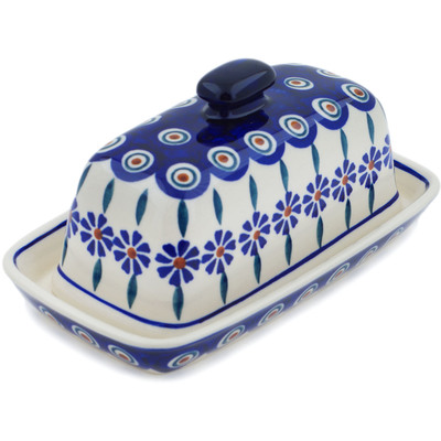 Polish Pottery Butter Dish 8&quot; Peacock