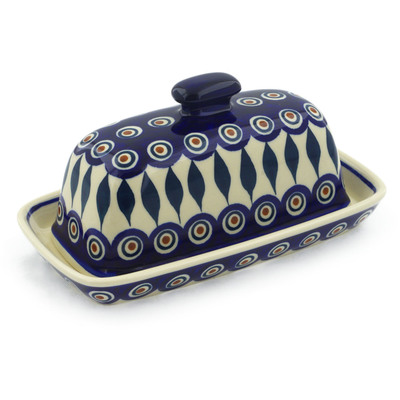 Polish Pottery Butter Dish 8&quot; Peacock