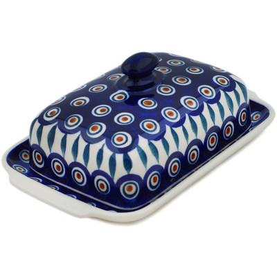 Polish Pottery Butter Dish 8&quot; Peacock Leaves