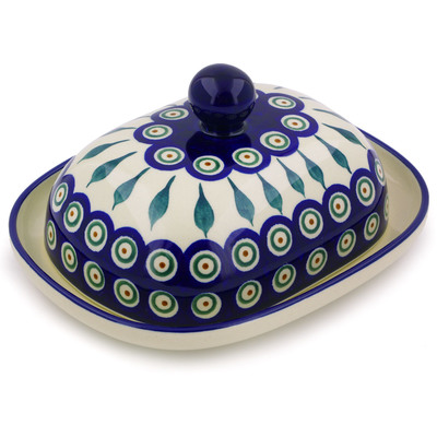 Polish Pottery Butter Dish 8&quot; Peacock Leaves