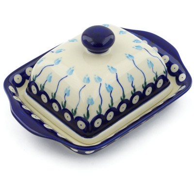 Polish Pottery Butter Dish 8&quot; Peacock Tulip Garden