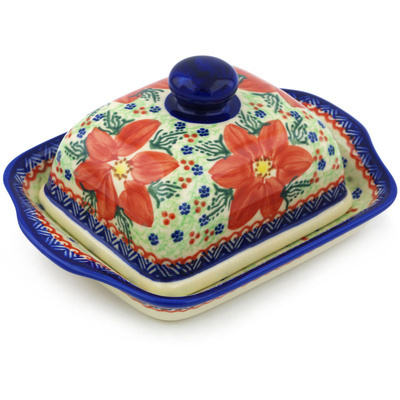 Polish Pottery Butter Dish 8&quot; Poinsettia UNIKAT