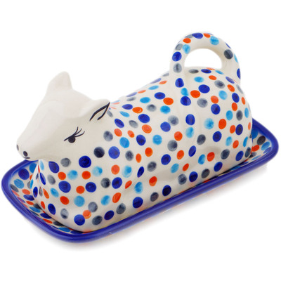 Polish Pottery Butter Dish 8&quot; Polka Dot Frenzy