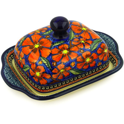 Polish Pottery Butter Dish 8&quot; Poppies UNIKAT