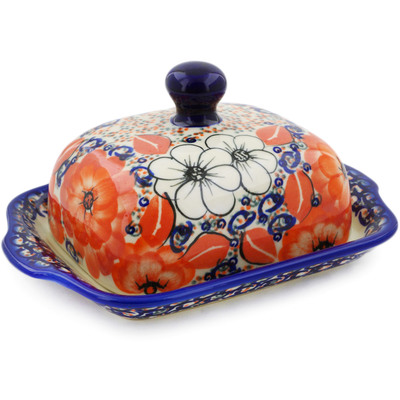 Polish Pottery Butter Dish 8&quot; Poppy Passion
