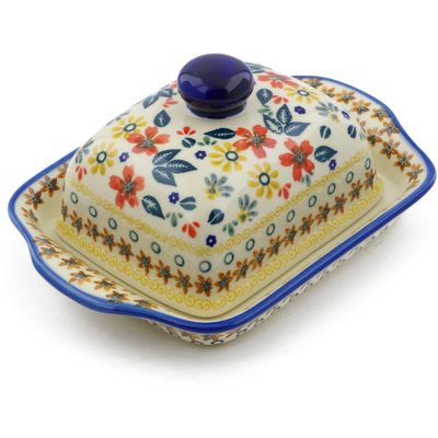 Polish Pottery Butter Dish 8&quot; Red Anemone Meadow UNIKAT