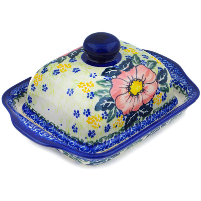 Polish Pottery Butter Dish 8&quot; Red Daisy Delight