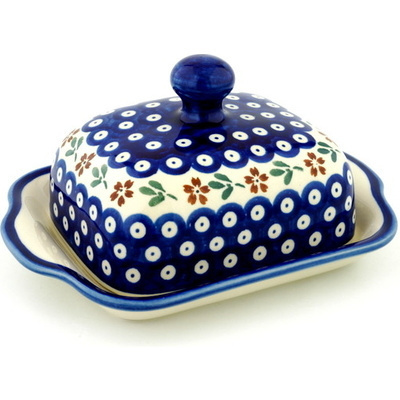 Polish Pottery Butter Dish 8&quot; Red Daisy Peacock