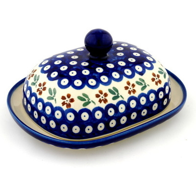 Polish Pottery Butter Dish 8&quot; Red Daisy Peacock