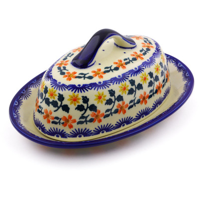 Polish Pottery Butter Dish 8&quot; Red Sunflower