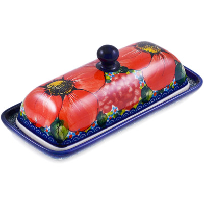 Polish Pottery Butter Dish 8&quot; Resilient Red Poppies UNIKAT