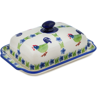 Polish Pottery Butter Dish 8&quot; Rooster Strut UNIKAT