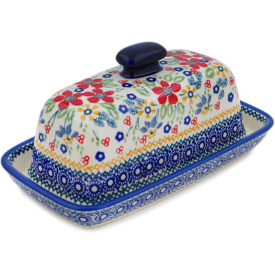 Polish Pottery Butter Dish 8&quot; Ruby Bouquet UNIKAT