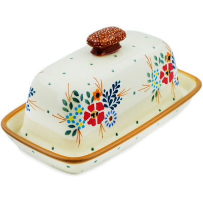 Polish Pottery Butter Dish 8&quot; Rustic Field Flowers Red