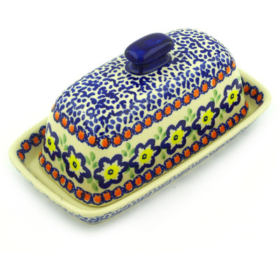 Polish Pottery Butter Dish 8&quot; Spring Yellow Posey