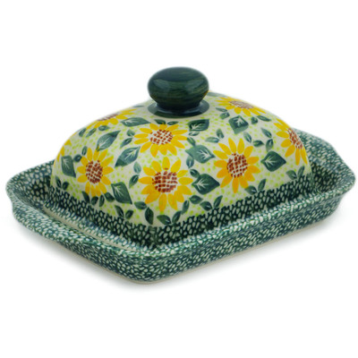 Polish Pottery Butter Dish 8&quot; Sunflower Fields