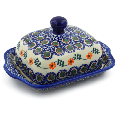 Polish Pottery Butter Dish 8&quot; Sunflower Peacock