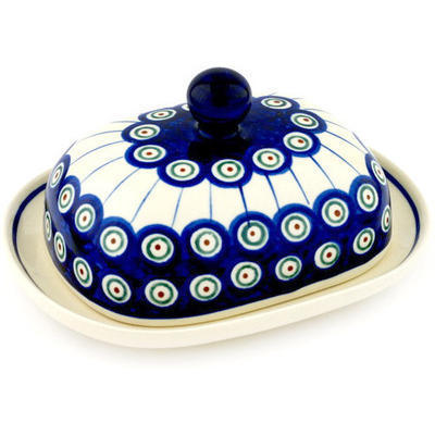 Polish Pottery Butter Dish 8&quot; Traditional Peacock