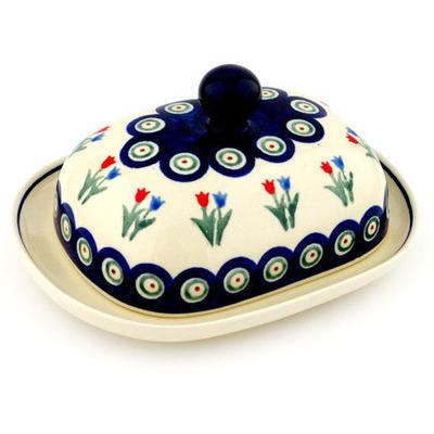 Polish Pottery Butter Dish 8&quot; Tulip Pair Peacock