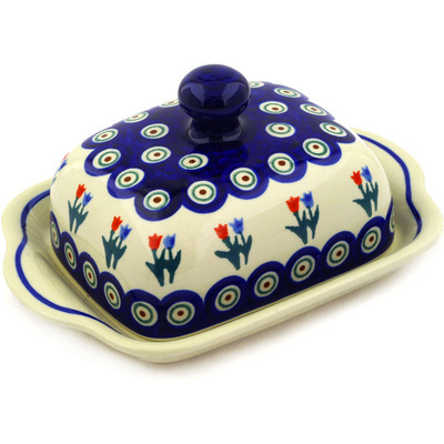 Polish Pottery Butter Dish 8&quot; Tulip Pair Peacock