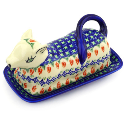 Polish Pottery Butter Dish 8&quot; Tulips And Diamonds