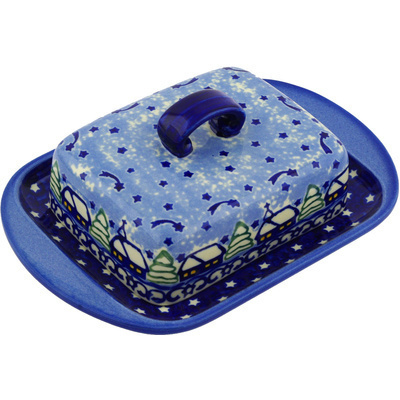 Polish Pottery Butter Dish 8&quot; Village Stars UNIKAT