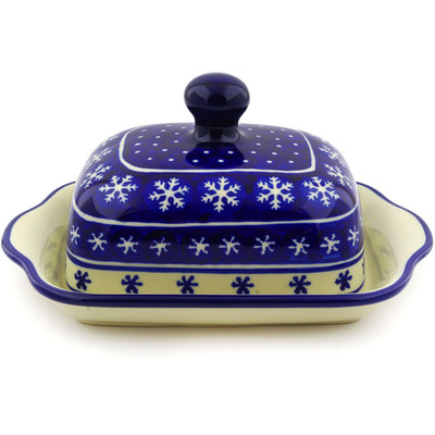 Polish Pottery Butter Dish 8&quot; Winter Snowflakes