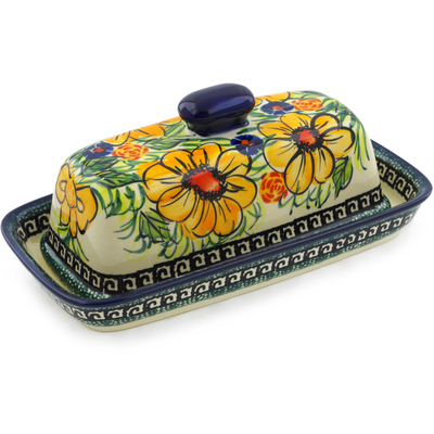 Polish Pottery Butter Dish 8&quot; Yellow Flower UNIKAT