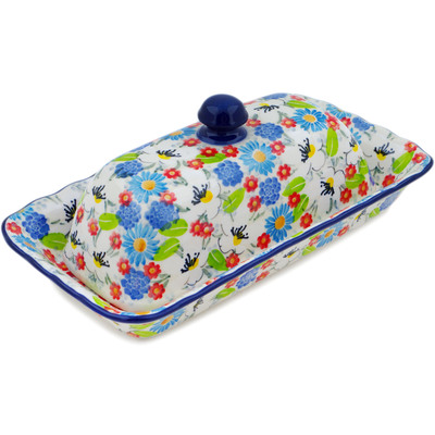 Polish Pottery Butter Dish 9&quot; Anemone Flower Garden UNIKAT