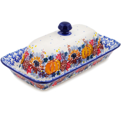 Polish Pottery Butter Dish 9&quot; Autumn Falling Leaves UNIKAT