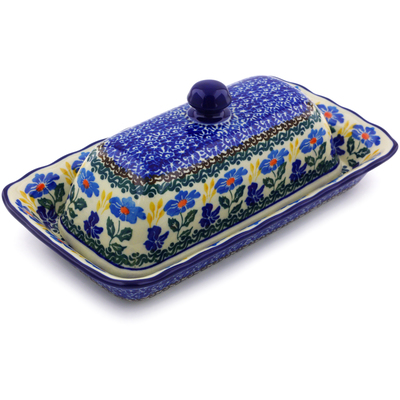 Polish Pottery Butter Dish 9&quot; Blue Forget-me-nots