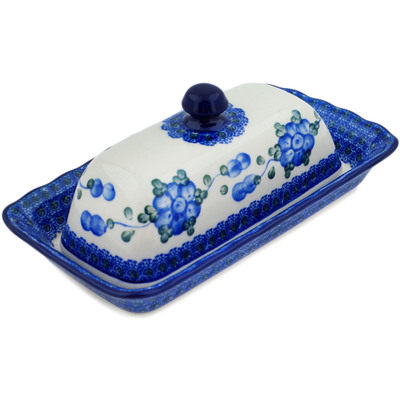 Polish Pottery Butter Dish 9&quot; Blue Poppies