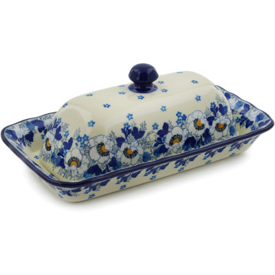Polish Pottery Butter Dish 9&quot; Blue Spring