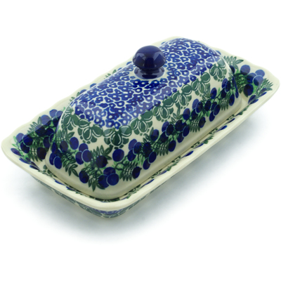 Polish Pottery Butter Dish 9&quot; Blueberry Fields Forever