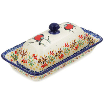 Polish Pottery Butter Dish 9&quot; Bullfinch On Rowan UNIKAT