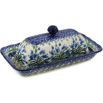 Polish Pottery Butter Dish 9&quot; Feathery Bluebells