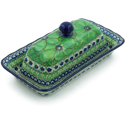 Polish Pottery Butter Dish 9&quot; Green Pansies UNIKAT