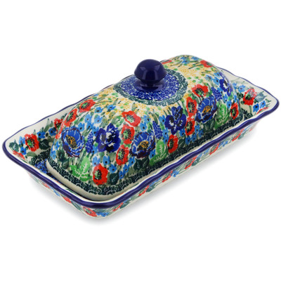 Polish Pottery Butter Dish 9&quot; Lupines And Roses UNIKAT
