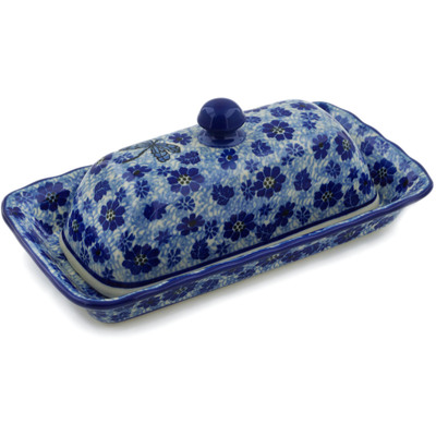 Polish Pottery Butter Dish 9&quot; Misty Dragonfly