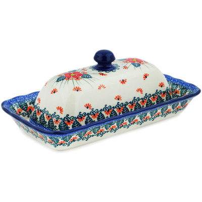 Polish Pottery Butter Dish 9&quot; Pink Forget Me Not UNIKAT