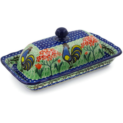Polish Pottery Butter Dish 9&quot; Rooster Dance UNIKAT