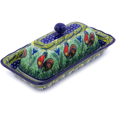 Polish Pottery Butter Dish 9&quot; Rooster Parade UNIKAT