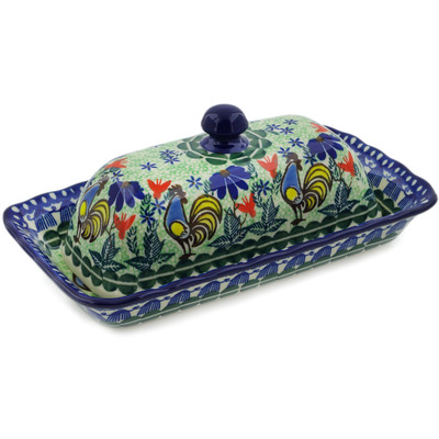 Polish Pottery Butter Dish 9&quot; Spring Rooster UNIKAT