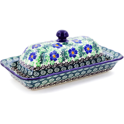 Polish Pottery Butter Dish 9&quot; Swirling Emeralds